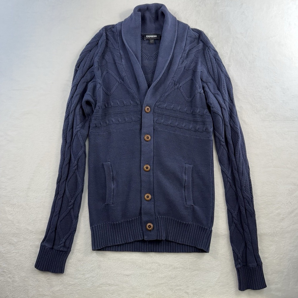 Express Sz S Cardigan Sweater Shawl Collar Fisherman Navy Knit Button Front Mens - Picture 2 of 11
